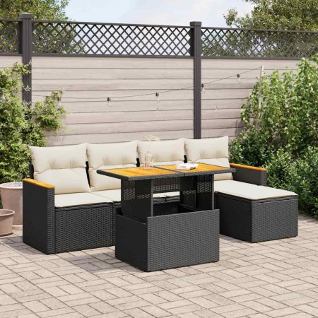 Set sofás jardín y cojines 6 pzas ratán sintético acacia negro