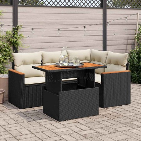 Set sofás jardín y cojines 5 pzas ratán sintético acacia negro