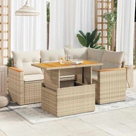 Set sofás jardín y cojines 5 pzas ratán sintético acacia beige