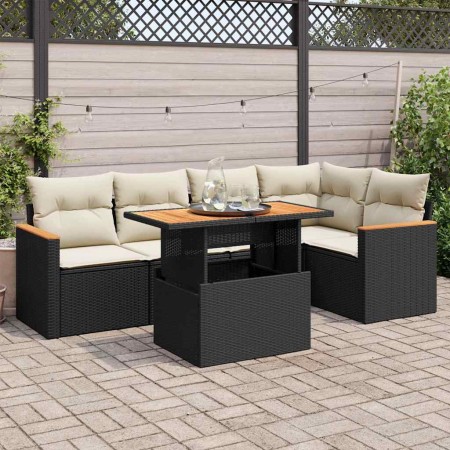 Set sofás jardín y cojines 6 pzas ratán sintético acacia negro