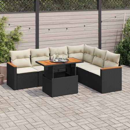 Set sofás jardín y cojines 7 pzas ratán sintético acacia negro