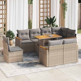 Set sofás jardín y cojines 9 pzas ratán sintético acacia beige