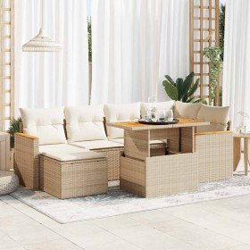 Set sofás jardín y cojines 7 pzas ratán sintético acacia beige