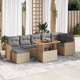 Set sofás jardín y cojines 8 pzas ratán sintético acacia beige