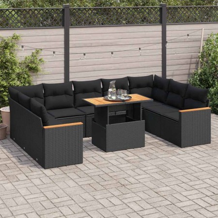 Set sofás jardín y cojines 10 pzas ratán sintético acacia negro