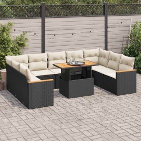 Set sofás jardín y cojines 10 pzas ratán sintético acacia negro