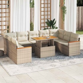 Set sofás jardín y cojines 10 pzas ratán sintético acacia beige