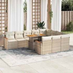 Set sofás jardín y cojines 11 pzas ratán sintético acacia beige