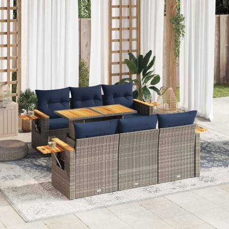 Set de sofás de jardín 7 pzas con cojines ratán sintético gris