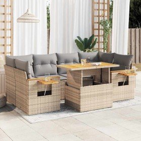 Set sofás jardín y cojines 7 pzas ratán sintético acacia beige