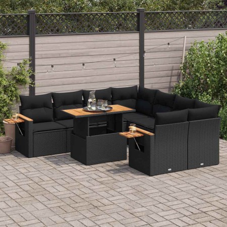 Set sofás jardín y cojines 9 pzas ratán sintético acacia negro