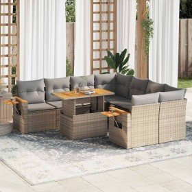 Set sofás jardín y cojines 9 pzas ratán sintético acacia beige