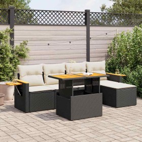 Set sofás jardín y cojines 6 pzas ratán sintético acacia negro