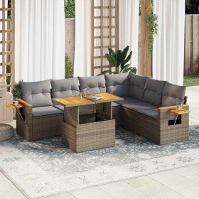 Set sofás jardín y cojines 7 pzas ratán sintético acacia beige