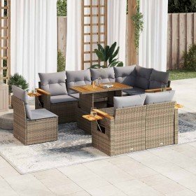 Set sofás jardín y cojines 9 pzas ratán sintético acacia beige