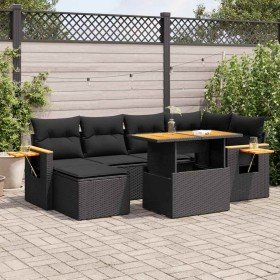Set sofás jardín y cojines 7 pzas ratán sintético acacia negro