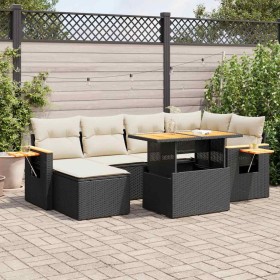 Set sofás jardín y cojines 7 pzas ratán sintético acacia negro