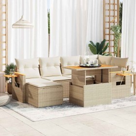 Set sofás jardín y cojines 7 pzas ratán sintético acacia beige