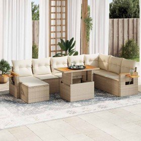 Set sofás jardín y cojines 9 pzas ratán sintético acacia beige