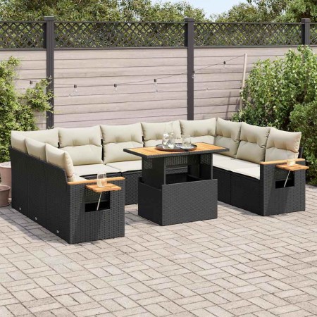 Set sofás jardín y cojines 10 pzas ratán sintético acacia negro