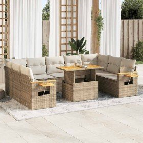 Set sofás jardín y cojines 10 pzas ratán sintético acacia beige