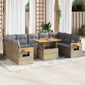 Set sofás jardín y cojines 10 pzas ratán sintético acacia beige