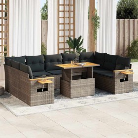 Set sofás jardín y cojines 10 pzas ratán sintético acacia gris