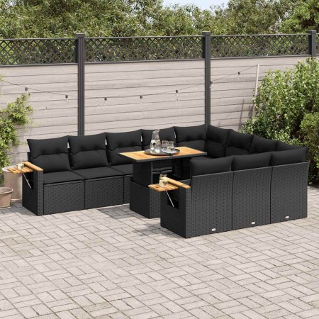 Set sofás jardín y cojines 11 pzas ratán sintético acacia negro