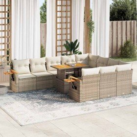 Set sofás jardín y cojines 11 pzas ratán sintético acacia beige