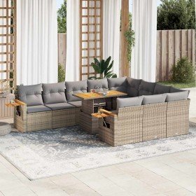 Set sofás jardín y cojines 11 pzas ratán sintético acacia beige