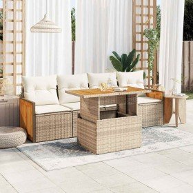 Set sofás jardín y cojines 5 pzas ratán sintético acacia beige
