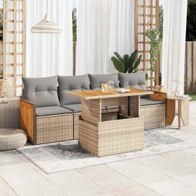 Set sofás jardín y cojines 5 pzas ratán sintético acacia beige