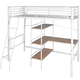 Cama alta con escritorio metal blanco y marrón 90x200 cm