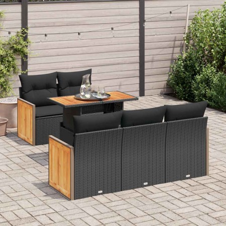 Set sofás jardín y cojines 6 pzas ratán sintético acacia negro