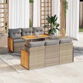 Set sofás jardín y cojines 7 pzas ratán sintético acacia beige