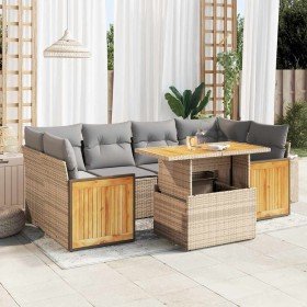 Set sofás jardín y cojines 7 pzas ratán sintético acacia beige