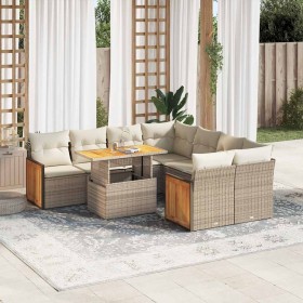 Set sofás jardín y cojines 9 pzas ratán sintético acacia beige