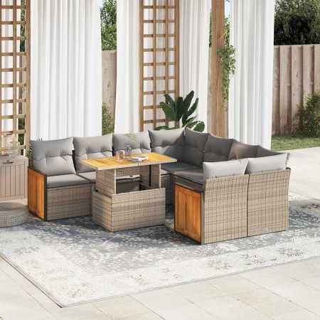 Set sofás jardín y cojines 9 pzas ratán sintético acacia beige