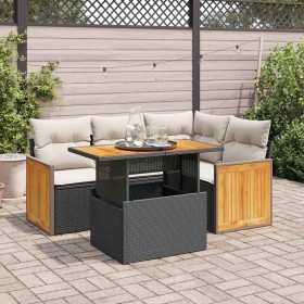 Set sofás jardín y cojines 5 pzas ratán sintético acacia negro