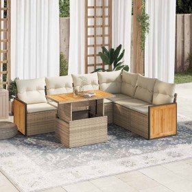 Set sofás jardín y cojines 7 pzas ratán sintético acacia beige