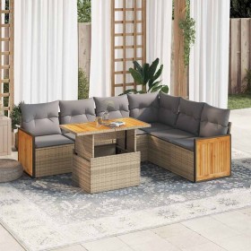 Set sofás jardín y cojines 7 pzas ratán sintético acacia beige