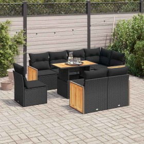 Set sofás jardín y cojines 9 pzas ratán sintético acacia negro