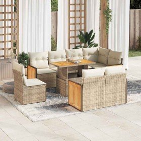 Set sofás jardín y cojines 9 pzas ratán sintético acacia beige