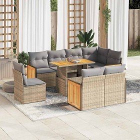 Set sofás jardín y cojines 9 pzas ratán sintético acacia beige