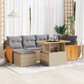 Set sofás jardín y cojines 7 pzas ratán sintético acacia beige