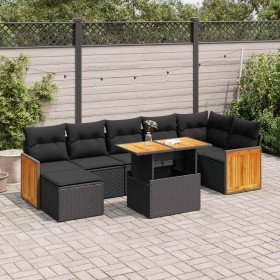 Set sofás jardín y cojines 8 pzas ratán sintético acacia negro