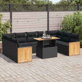 Set sofás jardín y cojines 10 pzas ratán sintético acacia negro