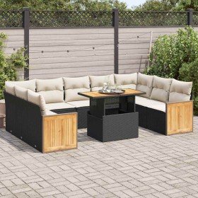 Set sofás jardín y cojines 10 pzas ratán sintético acacia negro