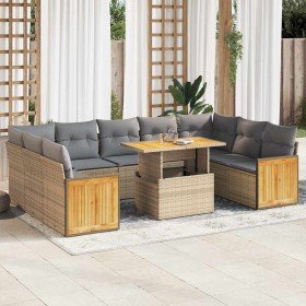 Set sofás jardín y cojines 10 pzas ratán sintético acacia beige
