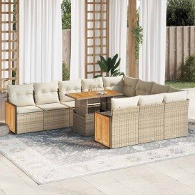 Set sofás jardín y cojines 11 pzas ratán sintético acacia beige